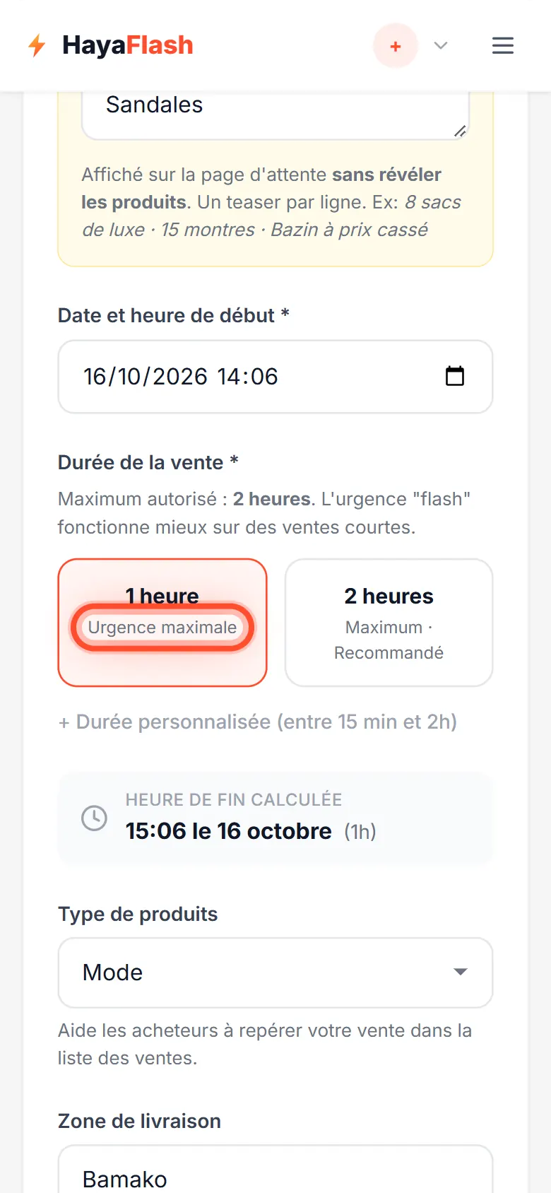 Choisis l'heure de début et la durée
