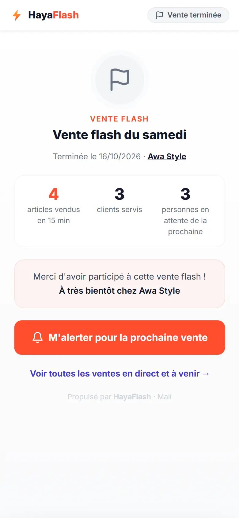 La vente se ferme à l'heure