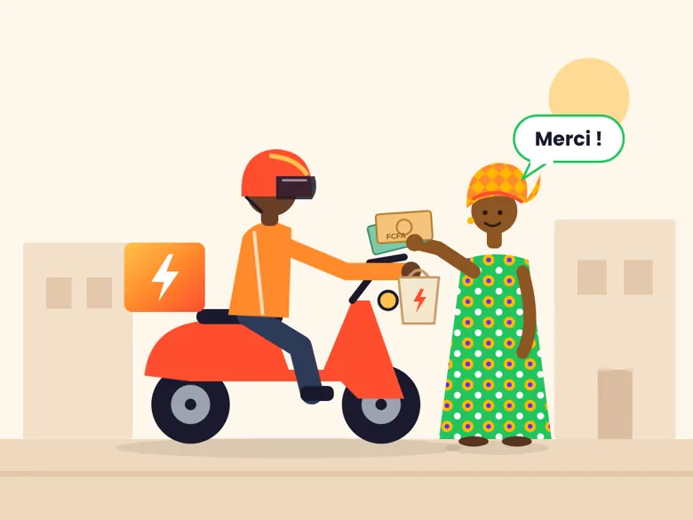 Illustration : une cliente remet des billets en FCFA à un livreur casqué sur son scooter